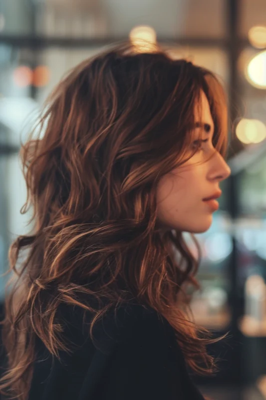 A woman with amber brown waves with golden warm tones.
