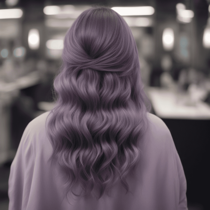 A woman's hair colored in soft ash purple, styled with waves and a half twist.