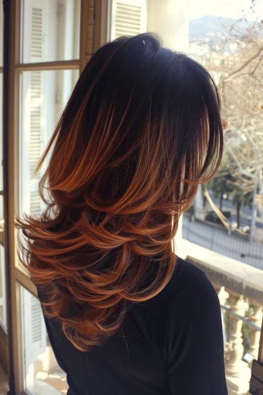 Woman with dark brown hair featuring auburn balayage, styled in soft waves.