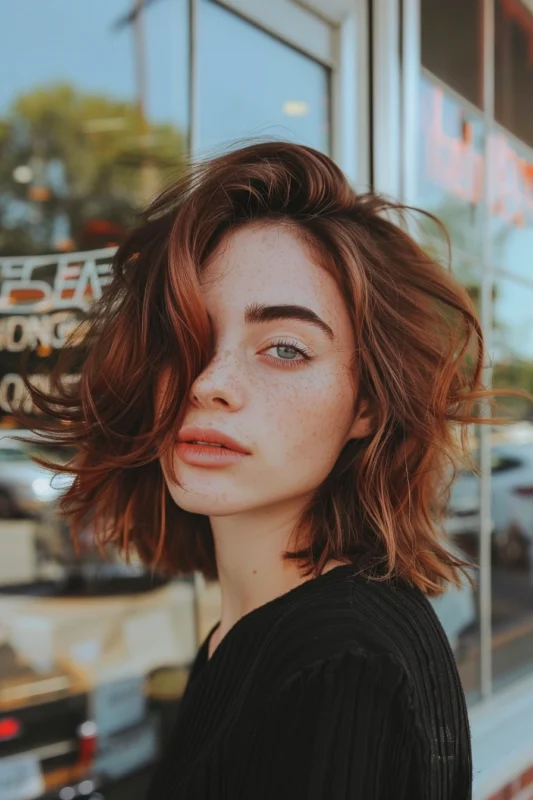 A woman with short, elegant auburn hair with red-brown hues.