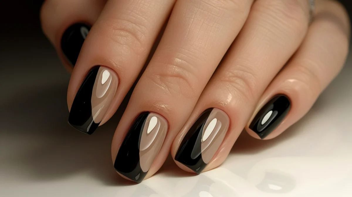 A hand displaying a variation of a French manicure with glossy black/beige base and black tips swept diagonally.