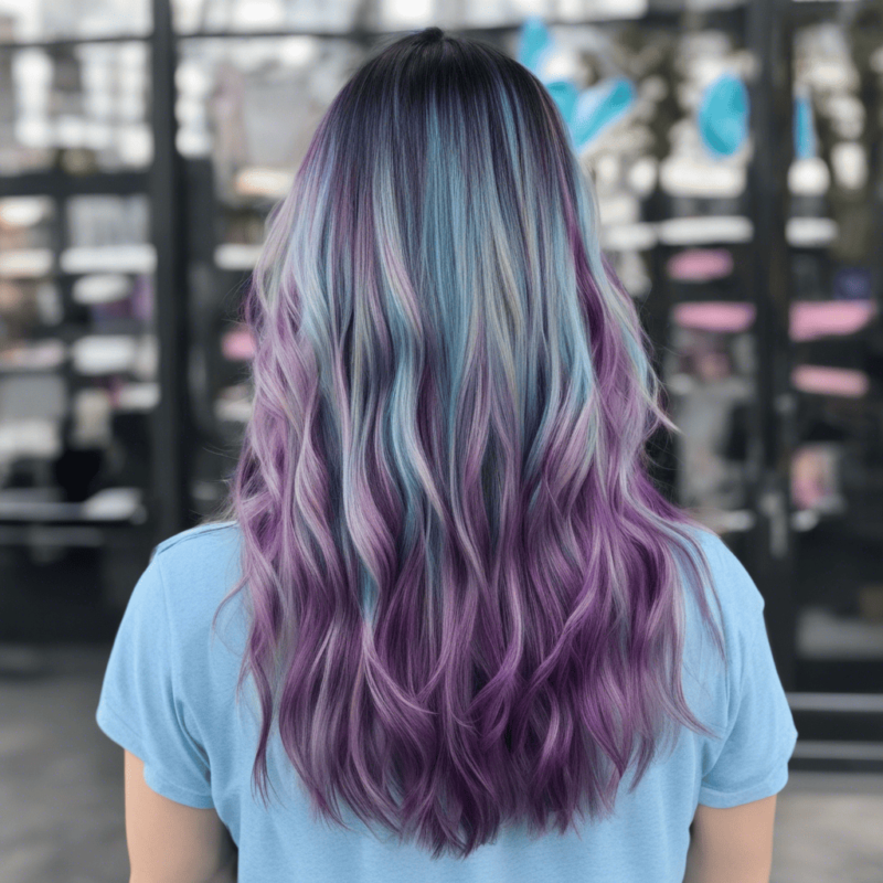 Blonde hair with blue and purple highlights, styled in loose waves.