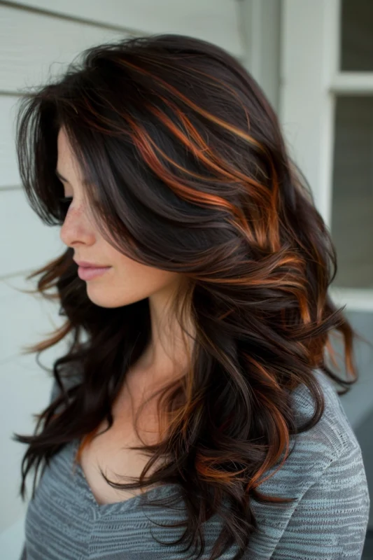 Dark brown hair accented with bright copper highlights, styled in soft waves.