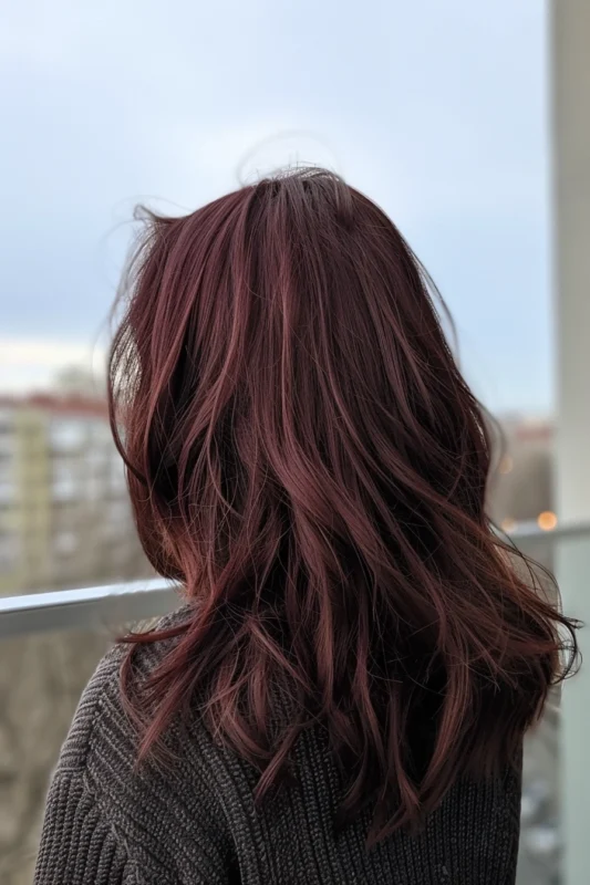 A woman with deep burgundy brown hair with wine-red tones.