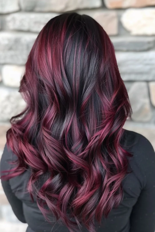 Luxurious dark brown hair infused with rich burgundy highlights.
