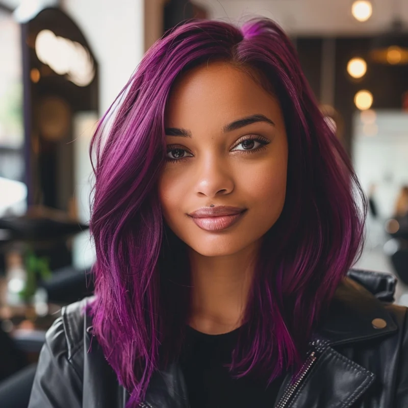 Woman with shoulder-length, burgundy purple hair, posing with a smile in a salon setting.