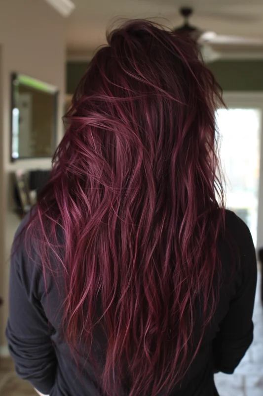 A woman with cherry brown hair.