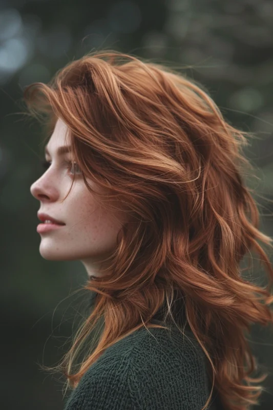 A woman with rich chestnut brown hair with red hints.