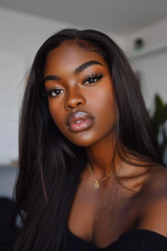 A woman with luxurious long deep chocolate brown hair.