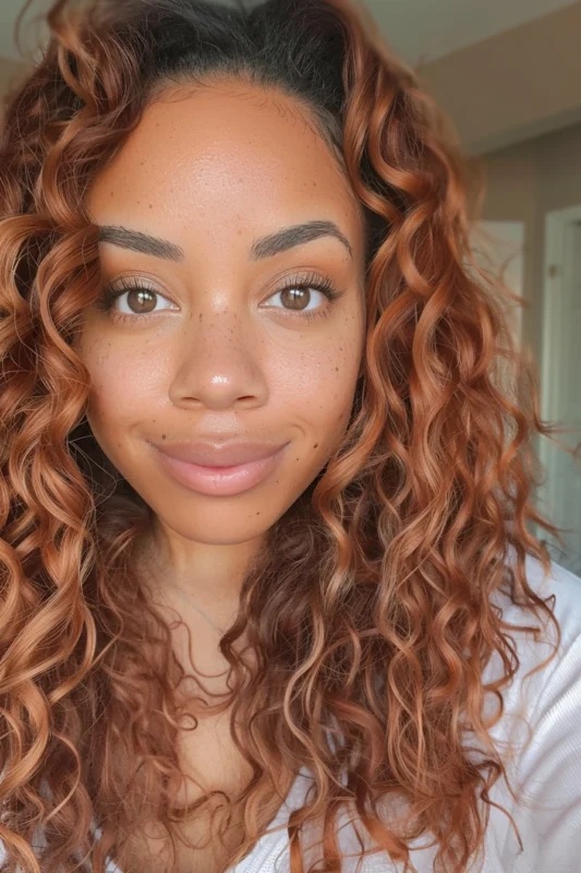 A woman with curly, warm cinnamon-spiced brown hair.