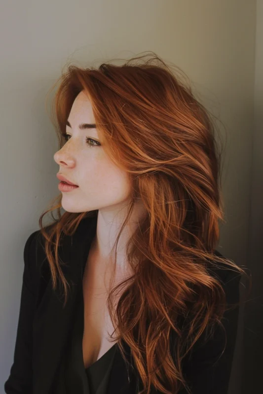 A woman with luminous copper-toned brown hair.