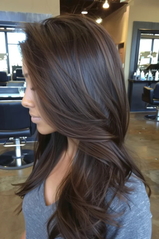 A woman with cool dark ash brown hair with smokey hues.