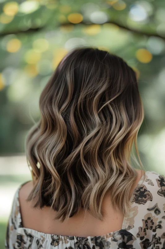Back view of wavy dark brown hair with blonde highlights and lowlights.