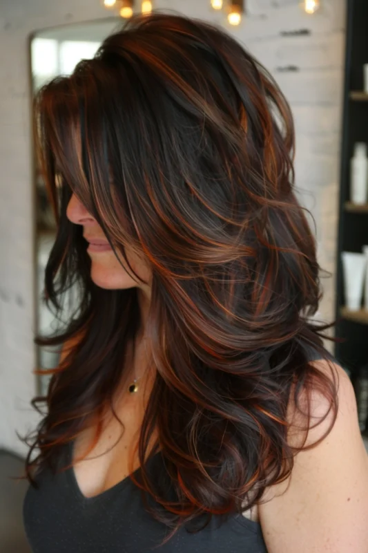 Woman with dark brown hair enhanced with vibrant copper highlights.