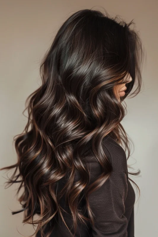 Luxurious dark brown hair with deep mocha highlights for an indulgent and rich color.