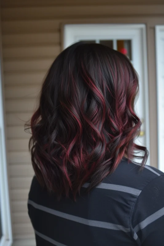 Dark brown hair enriched with deep red highlights for a warm, textured look.
