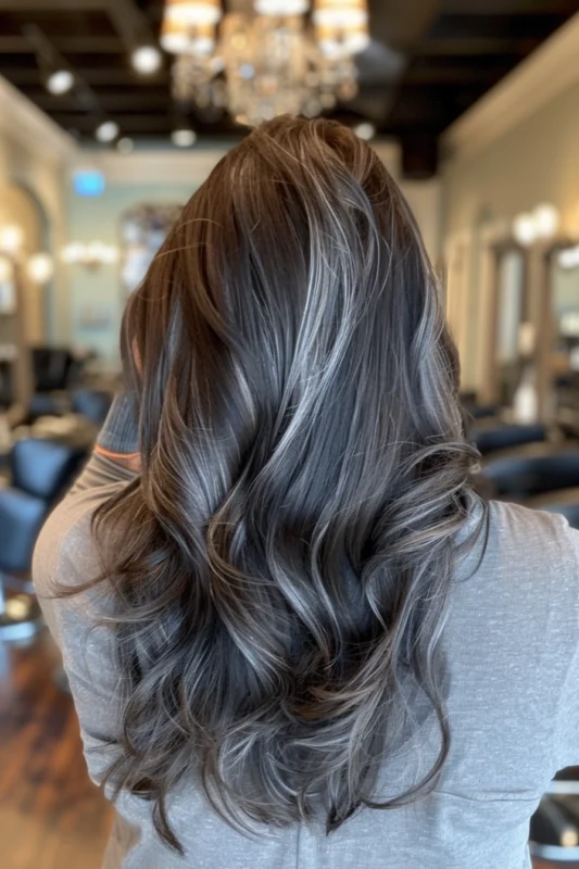 Dark brown hair with chic silver highlights for a sophisticated, edgy look.