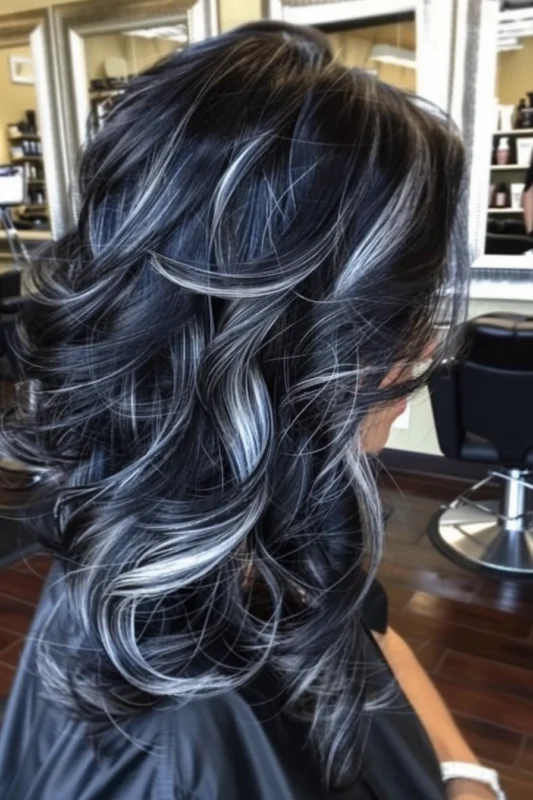 Dark hair with striking white highlights.