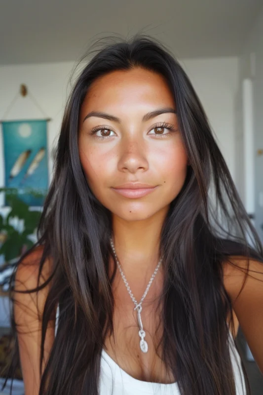 A woman with indulgent dark chocolate brown hair shade.