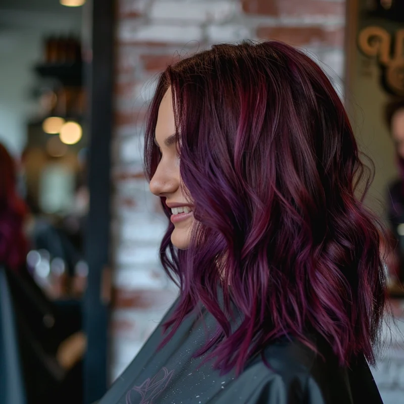 Profile view of a woman with deep plum-colored wavy hair.