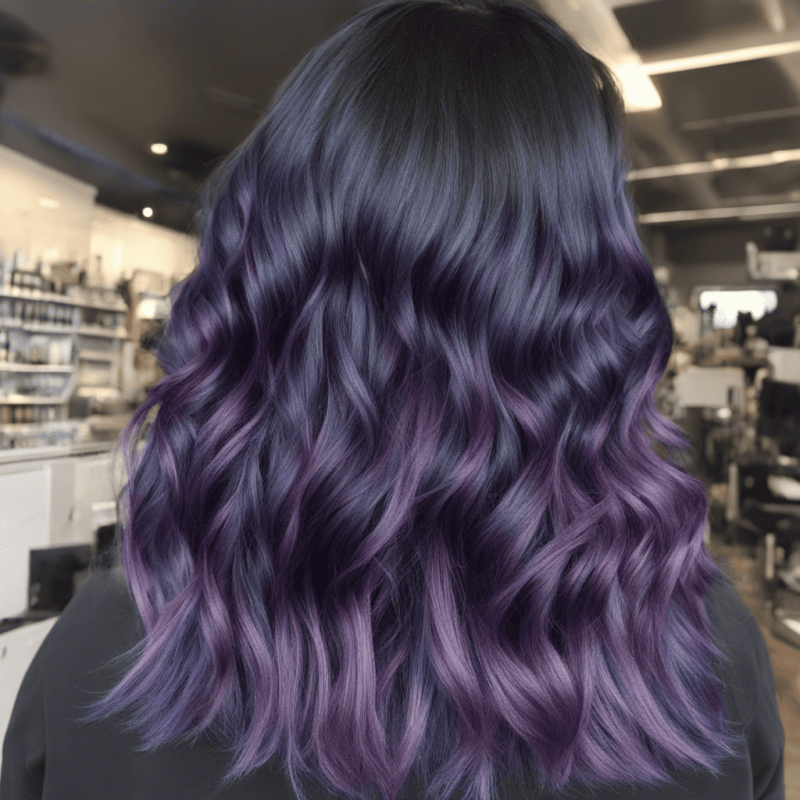 Hair with a blend of dark and light purple shades, styled in waves.