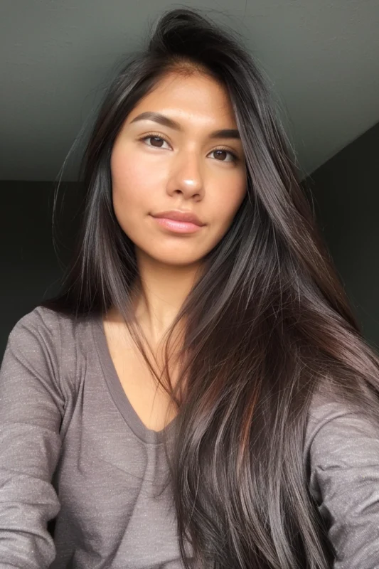 A woman with long espresso brown hair.