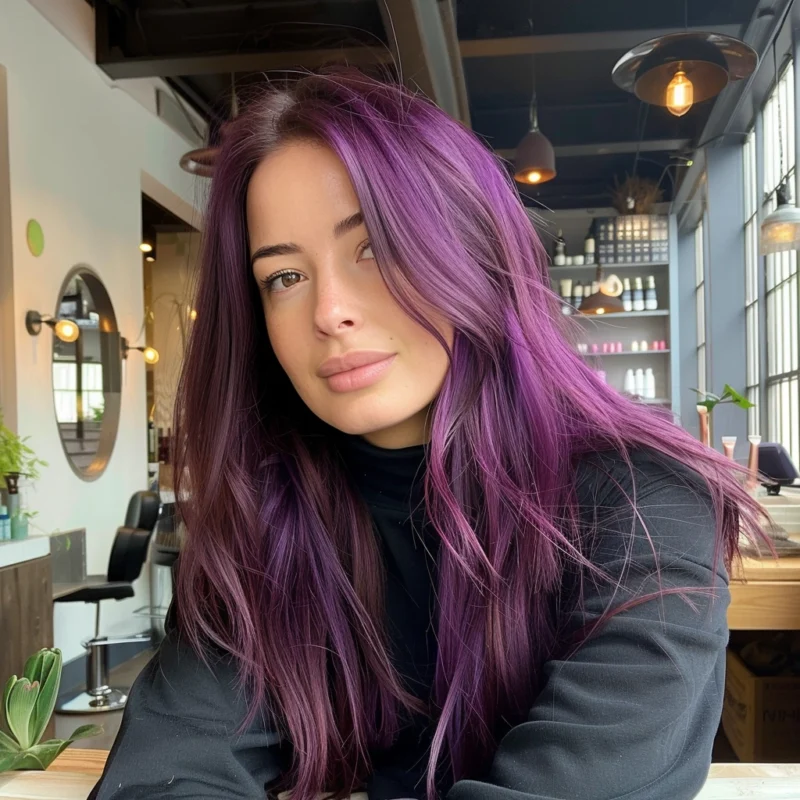 Woman with long faded purple hair, styled in relaxed waves, posing in a salon.
