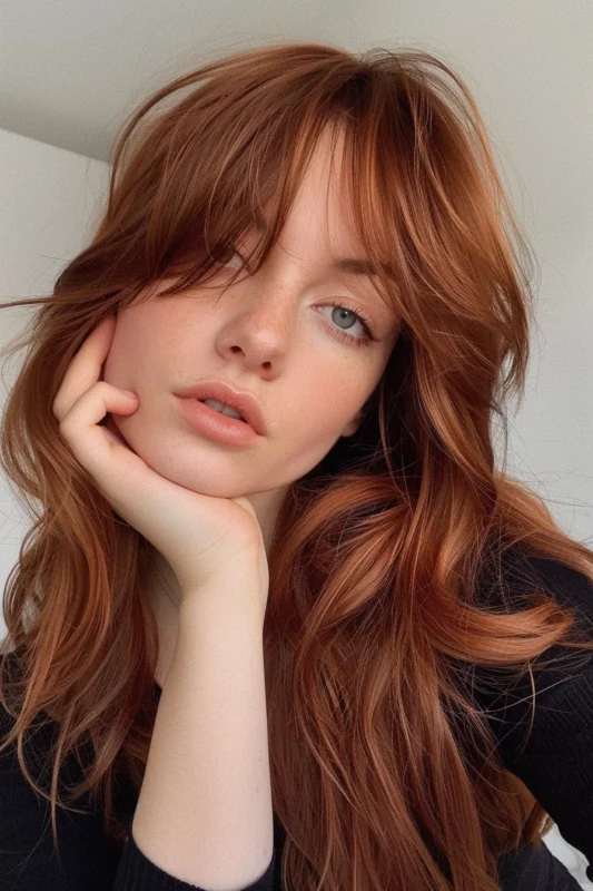 A woman with vibrant ginger brown hair.