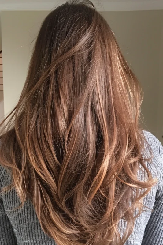 A woman with warm, toasty hazelnut brown hair.