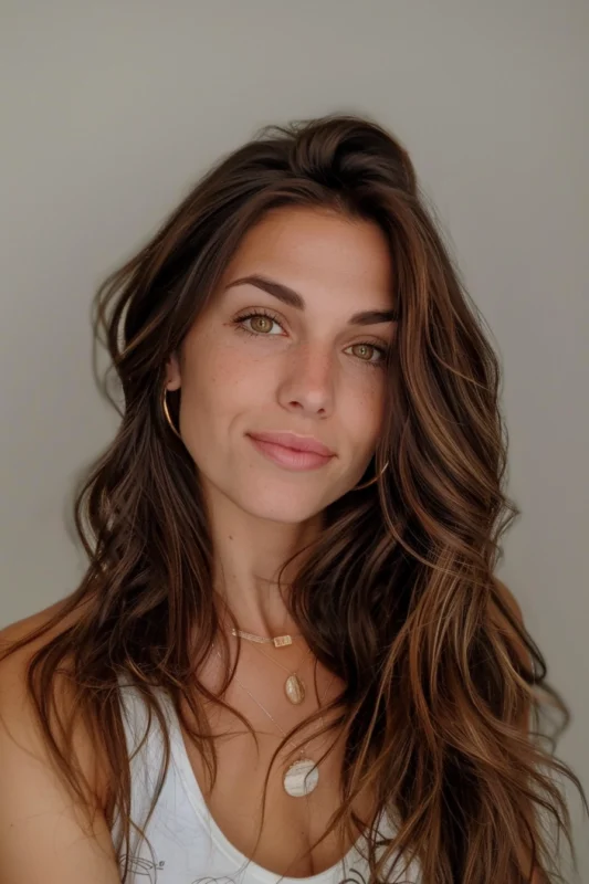 Woman with dark brown hair featuring honey balayage highlights