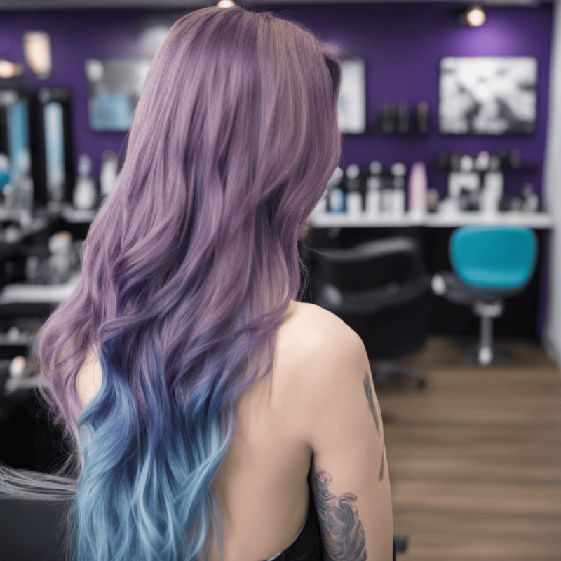 Hair with purple roots transitioning into light blue ends, styled in waves.