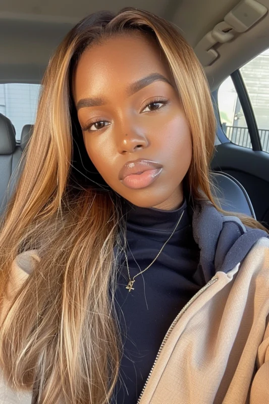 A woman with luminous light golden brown hair.