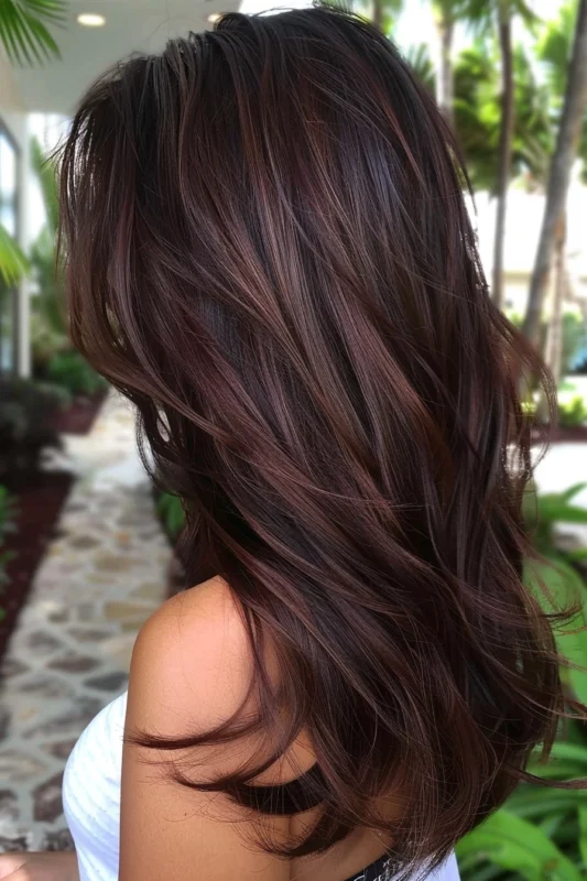 A woman with rich mahogany brown with warm red tones.