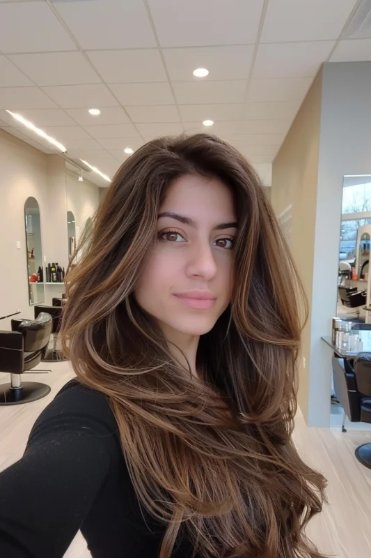 A woman with perfectly balanced medium brown hair.