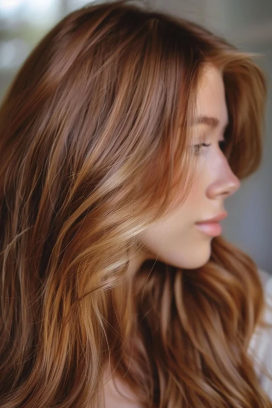 A woman with rich medium golden brown hair.