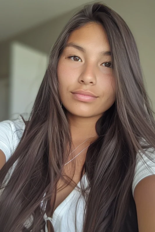 A woman with long milk chocolate brown hair.