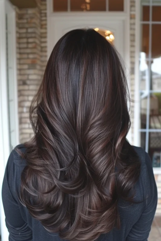 A woman with long, dark, rich mocha brown hair.