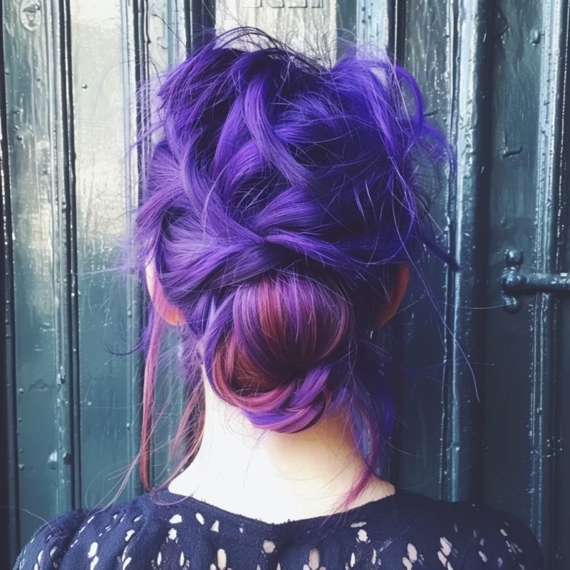 Back view of a person with a neon purple twisted bun hairstyle.