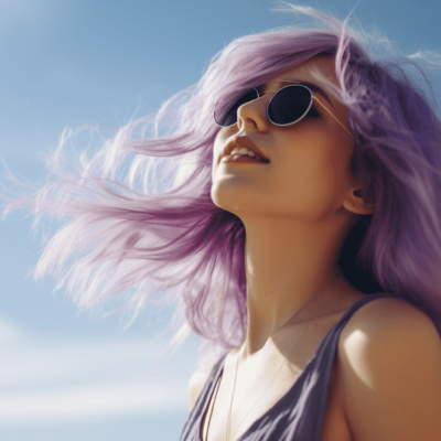 A woman with vibrant purple hair flowing in the wind, wearing sunglasses, and looking upwards with a joyful expression.