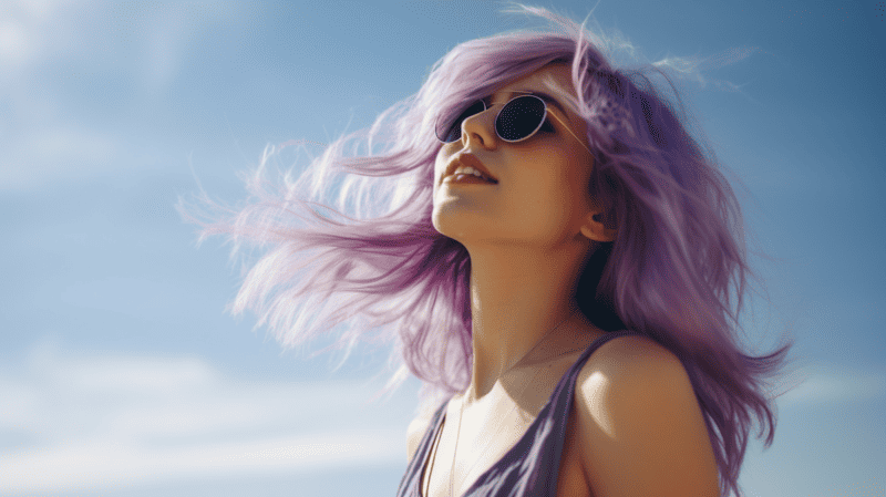 A woman with vibrant purple hair flowing in the wind, wearing sunglasses, and looking upwards with a joyful expression.