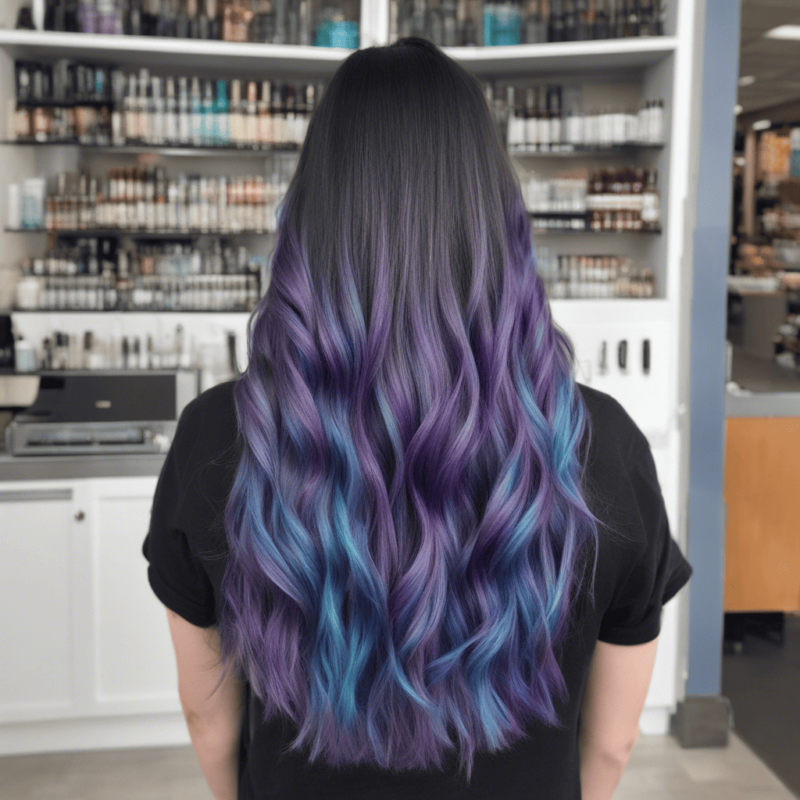 Long, wavy hair with a blend of purple and teal colors.