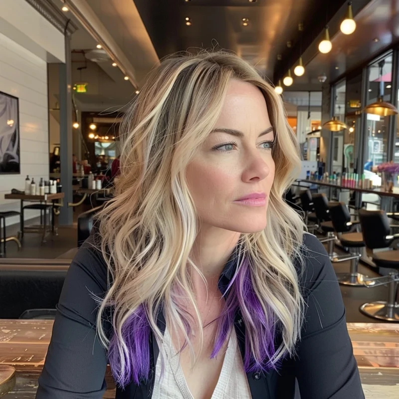 Woman with ashy blonde hair featuring subtle purple highlights, looking contemplatively to the side.