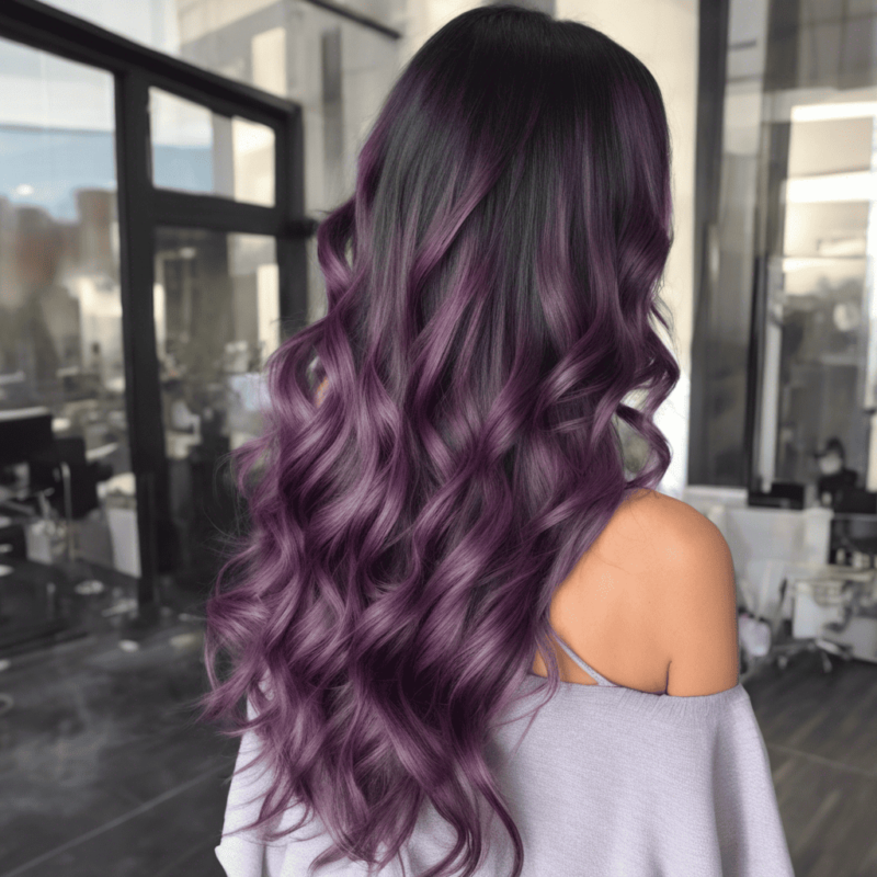 Long hair with violet balayage highlights.