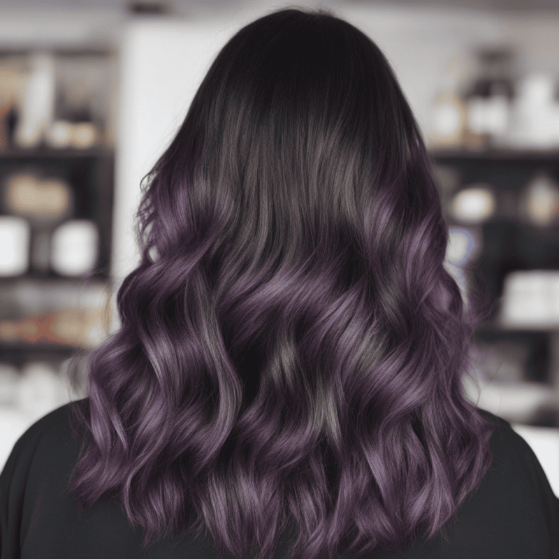 Hair with a subtle balayage in plum tones.