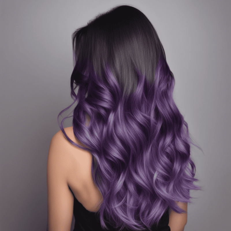 Long, wavy hair showcasing a range of purple shades.
