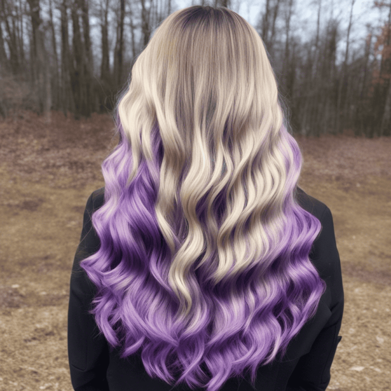 Blonde hair with vibrant purple tips, styled in soft waves.
