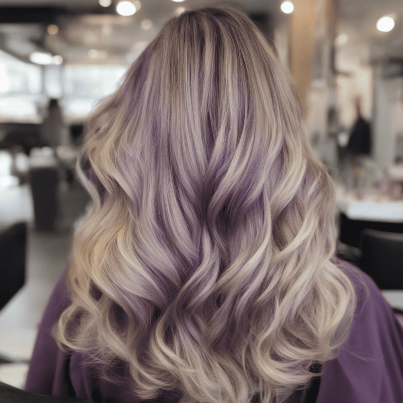 Long hair with subtle purple highlights.
