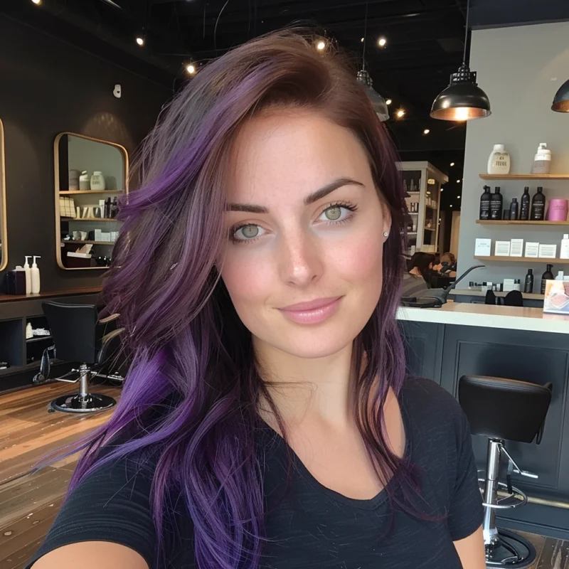 Woman with long hair featuring violet purple streaks.