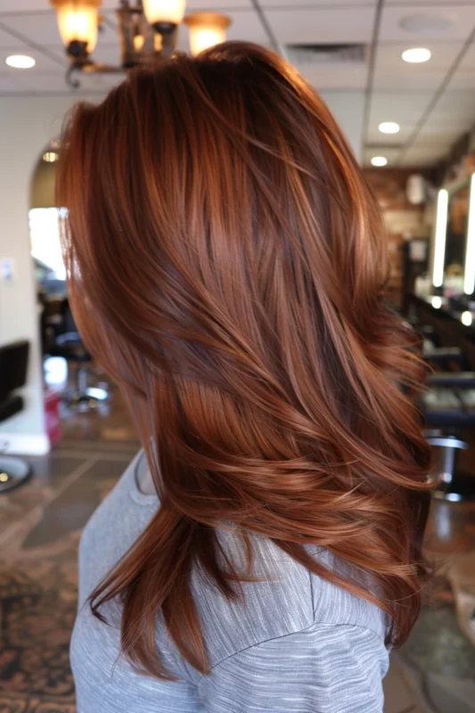 A woman with earthy rust brown hair with vibrant undertones.