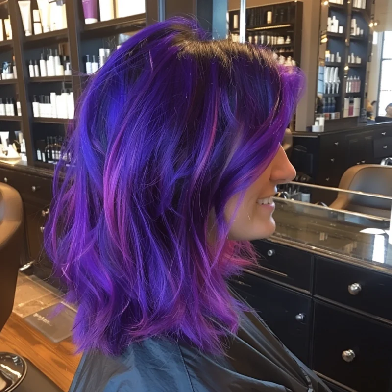 Profile view of a woman with layered, multi-shaded purple hair, styled in waves.